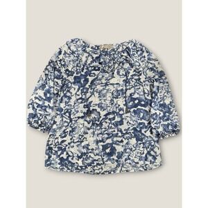 Tina‎ Stephens Blouse XS Blue White Abstract Peasant Top Beaded Tassel Chiffon